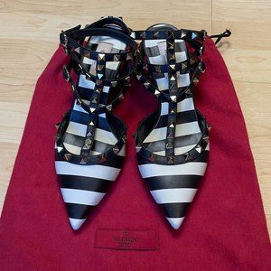 Valentino Leather Black White Striped Rockstud Kitten Heels